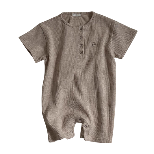 Brown baby romper with short sleeves on a white background