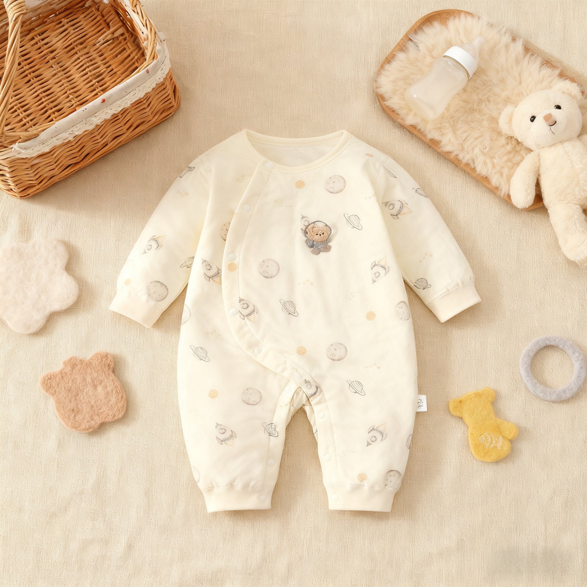 Baby onesie with teddy bear pattern on a soft surface with toys around