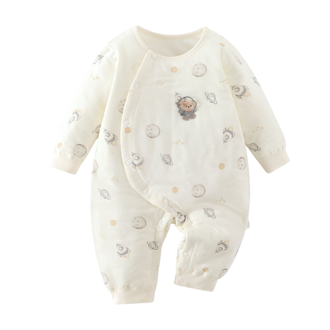Baby onesie with space-themed design on a white background