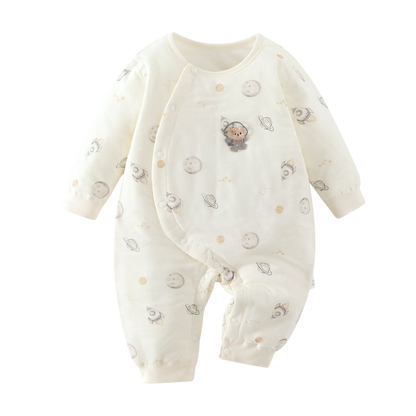 Baby onesie with space-themed design on a white background