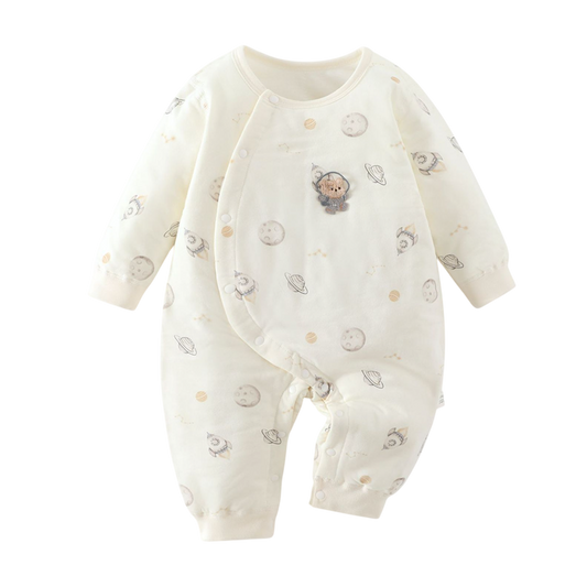 Baby onesie with space-themed design on a white background