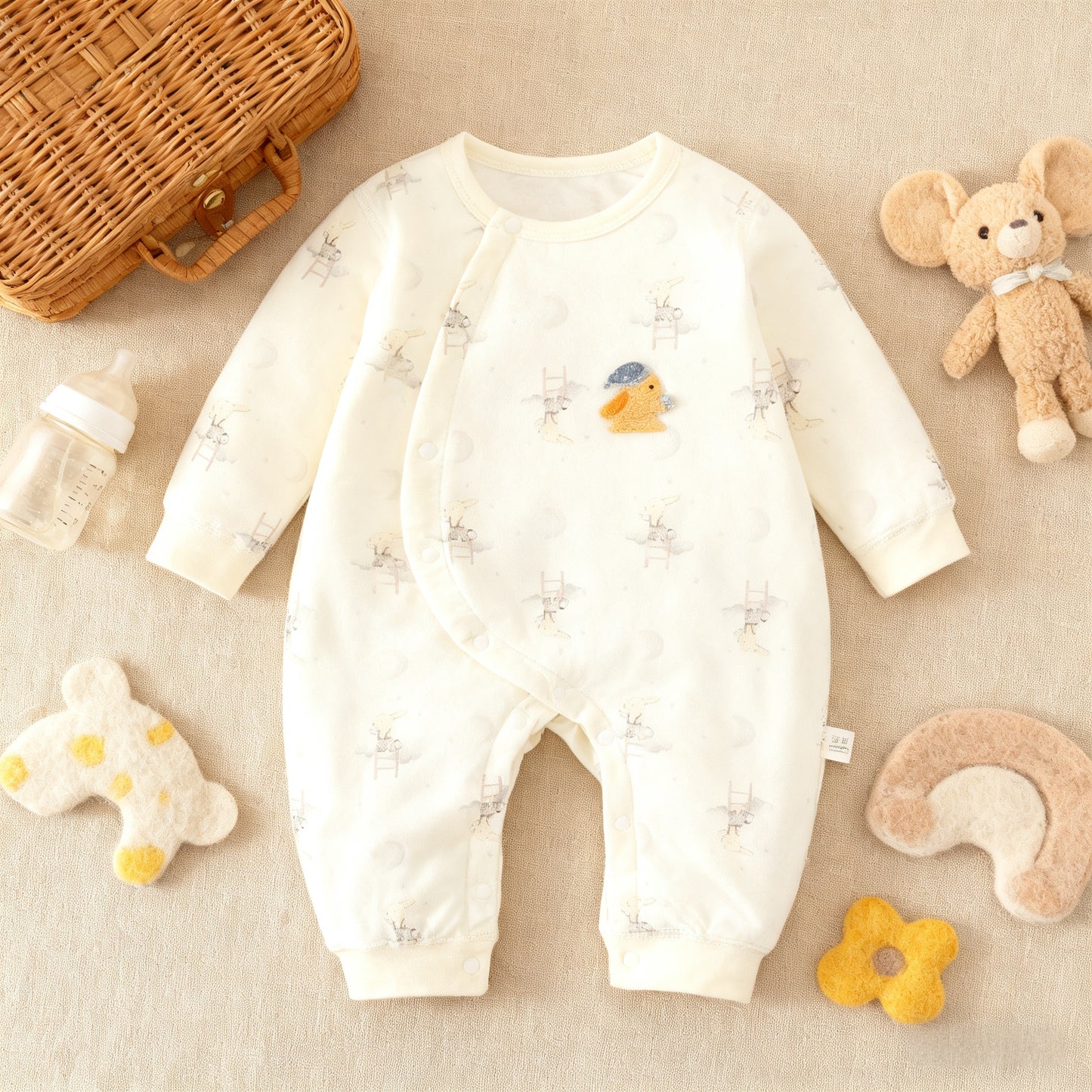 Baby onesie with teddy bear design surrounded by toys and a wicker bag on a beige background