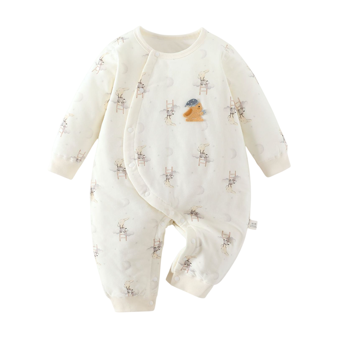 Baby onesie with duck design on a white background
