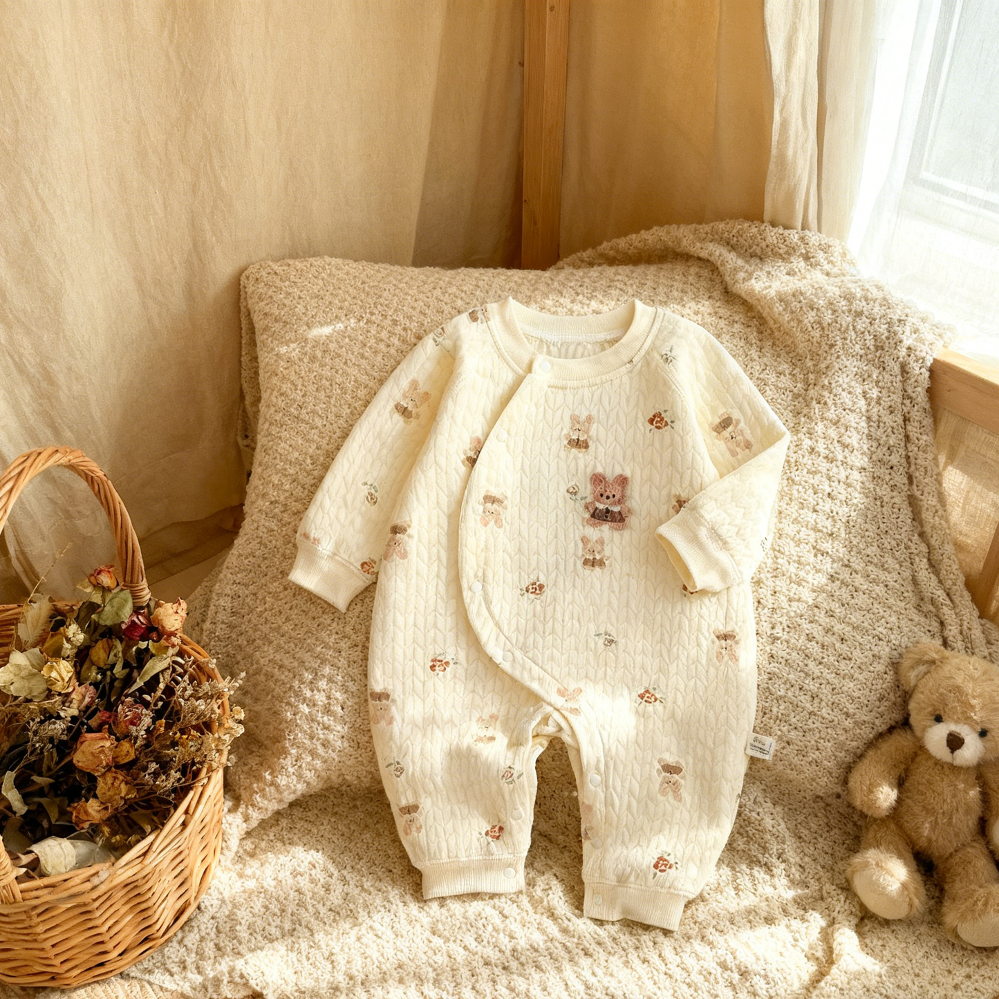 Baby romper with teddy bear patterns on a textured surface with a teddy bear and basket in the background.