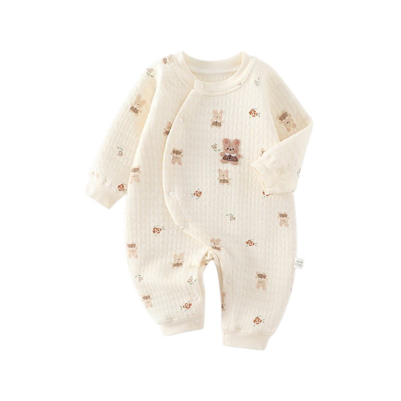 Baby romper with teddy bear pattern on a white background